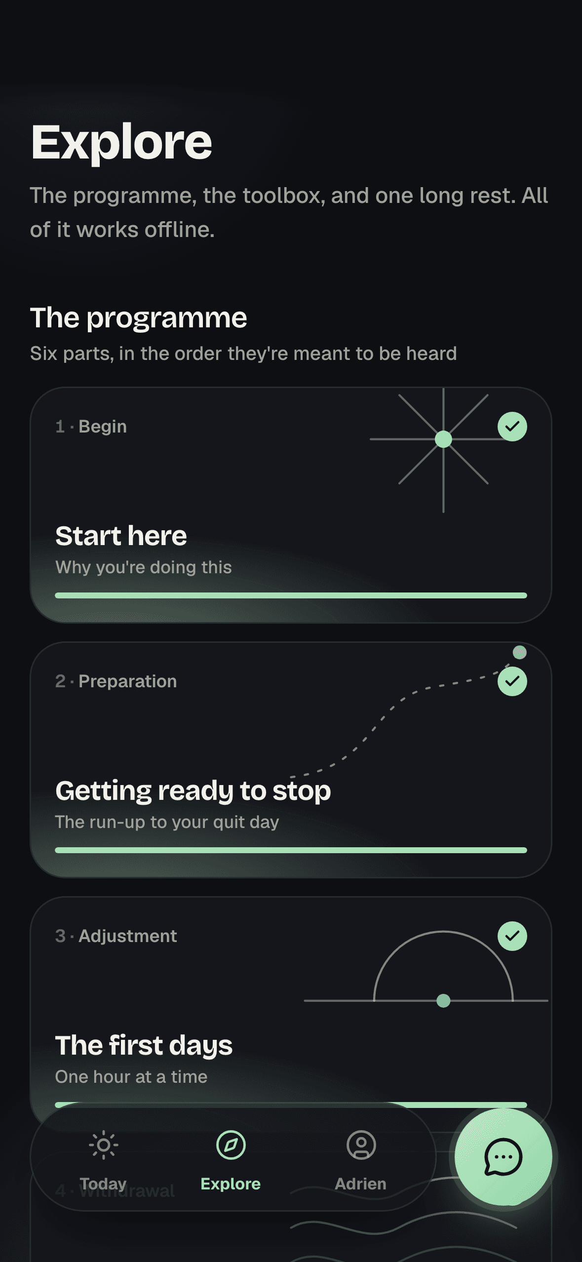 Explore: the programme, with progress and the toolbox